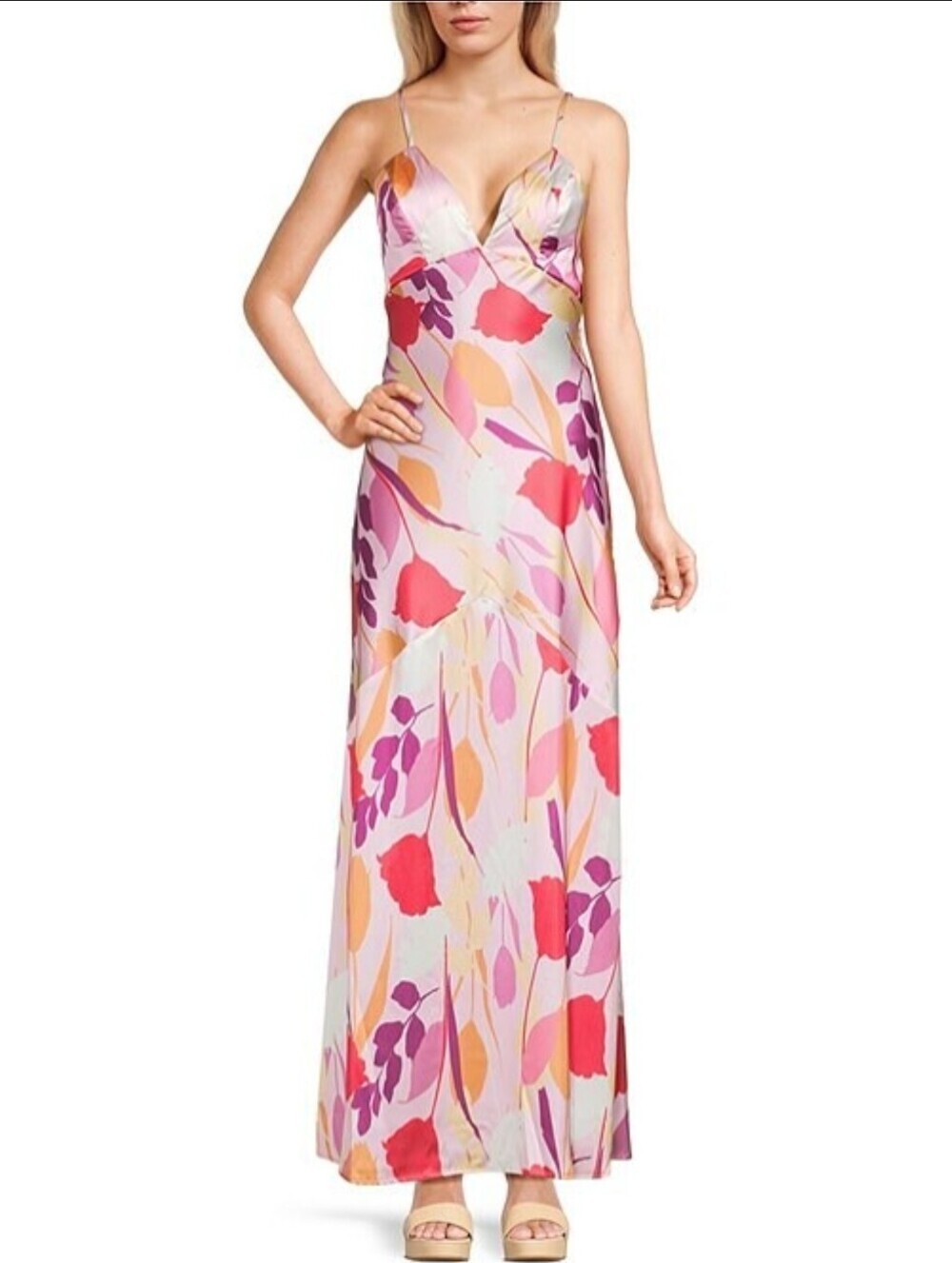 Pear Culture Floral Open Back Maxi Dress Pink Multicolor Size Small